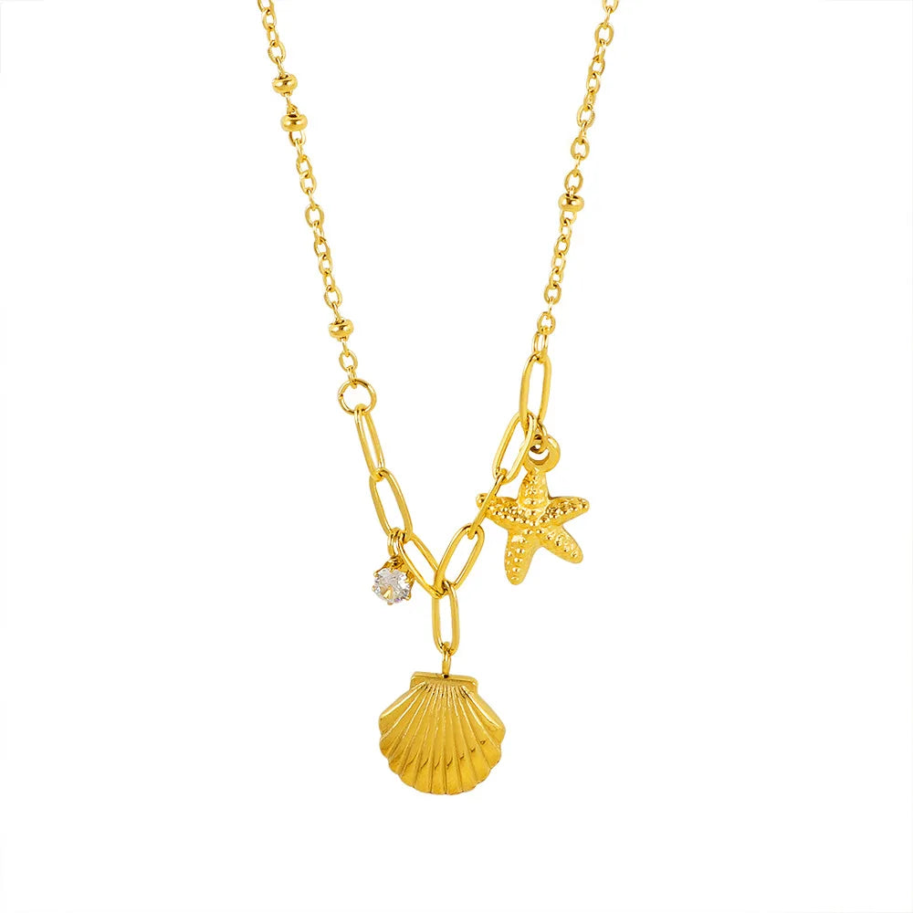 2024 Summer Beach Gold Plated Shell Paperclip Chain Necklace Anklet Waterproof Starfish Choker Necklace Stainless Steel Jewelry