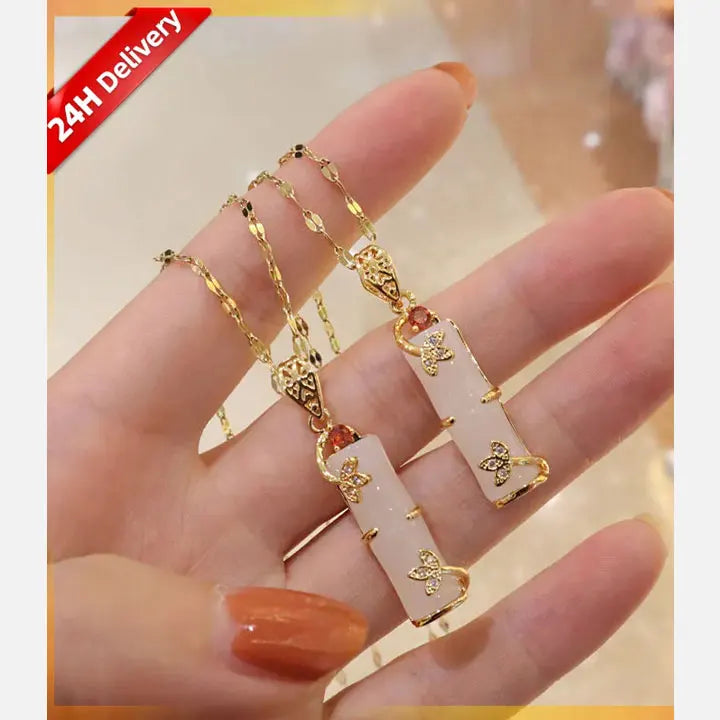 HOVANCI Real Gold Plated Stainless Steel Necklace Jewelry Exquisite Long Bamboo Shape Pink Natural Jade Pendant Necklace MegaBDM
