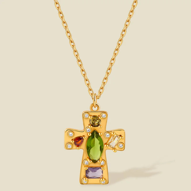 Gold Plated Multicolor Gemstone Cross Pendant Necklace for Women Vintage Religious Faith Jewelry Colorful CZ Statement Necklace