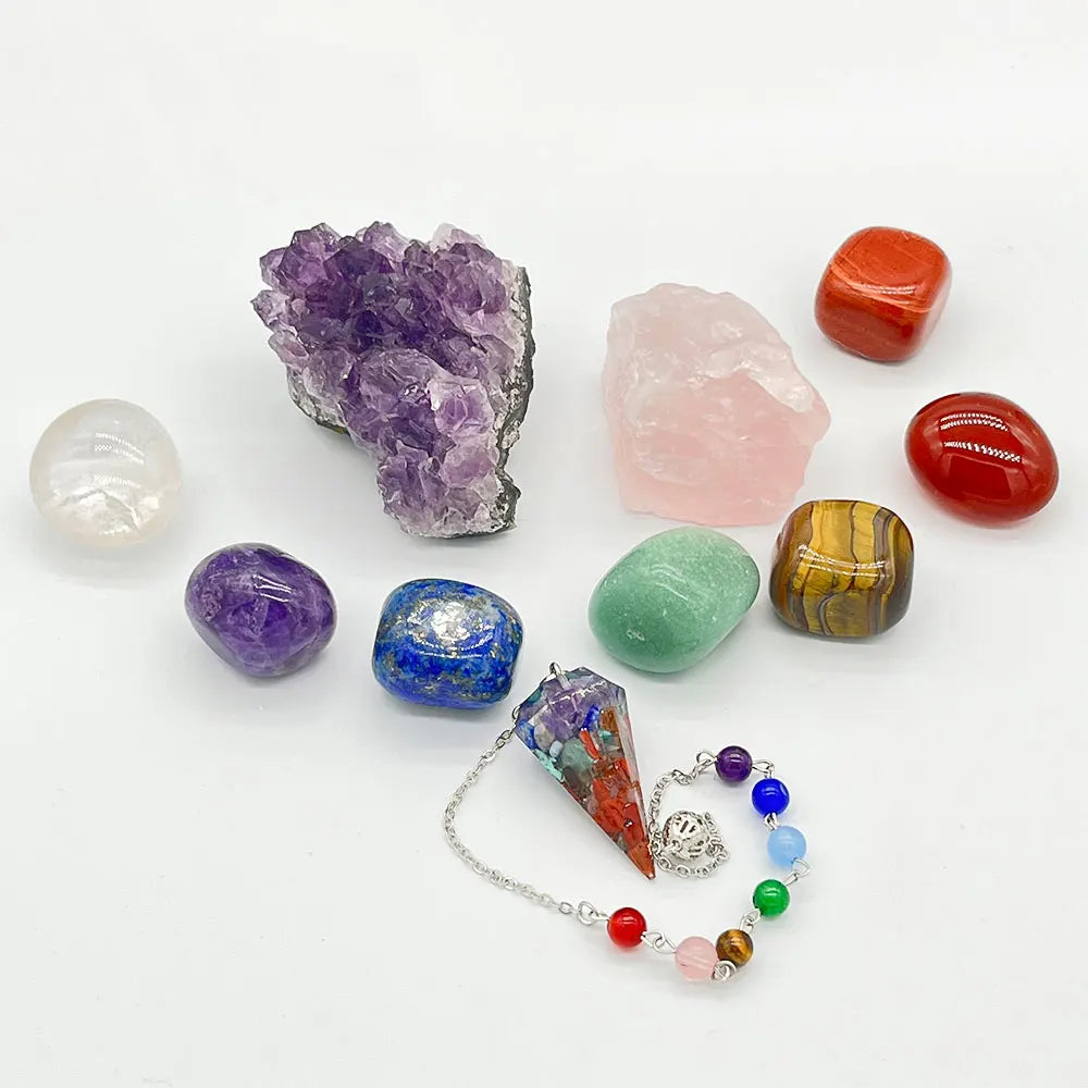 10PCS Crystals and Healing Stones Premium Kit in Gift Box Raw Gemstone Therapy Pendulum Set Reiki Spiritual Relief Anxiety