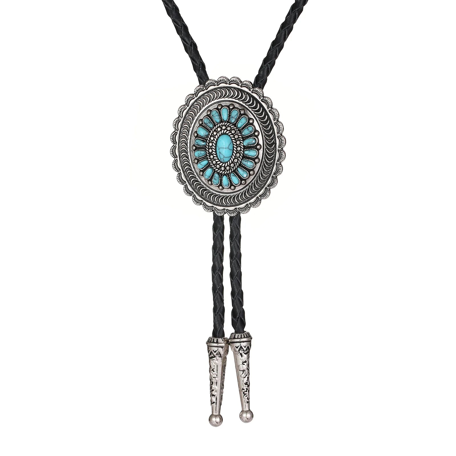 Unique Retro Style Turquoise Carved Alloy Leather Long Rope Chain Accessory Bolo Tie Pendant Necklace Crafts for Men Women