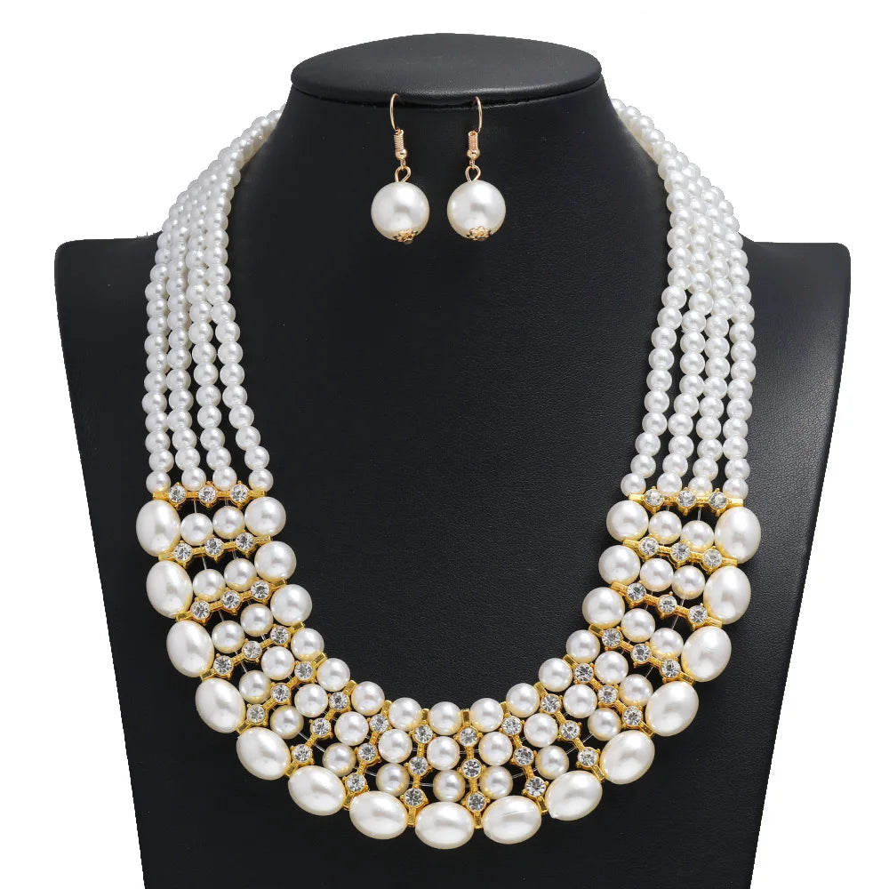 LYX284 Hot Selling Fashion Pearls Jewelry Set Women Multi Layer Pearls Necklace Earrings Set Jewelry
