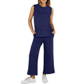 2025 Fall Custom Logo Women Casual Lounge Set Solid Color Crew Neck Sleeveless Top Wide Leg Pants Women Two Piece Set