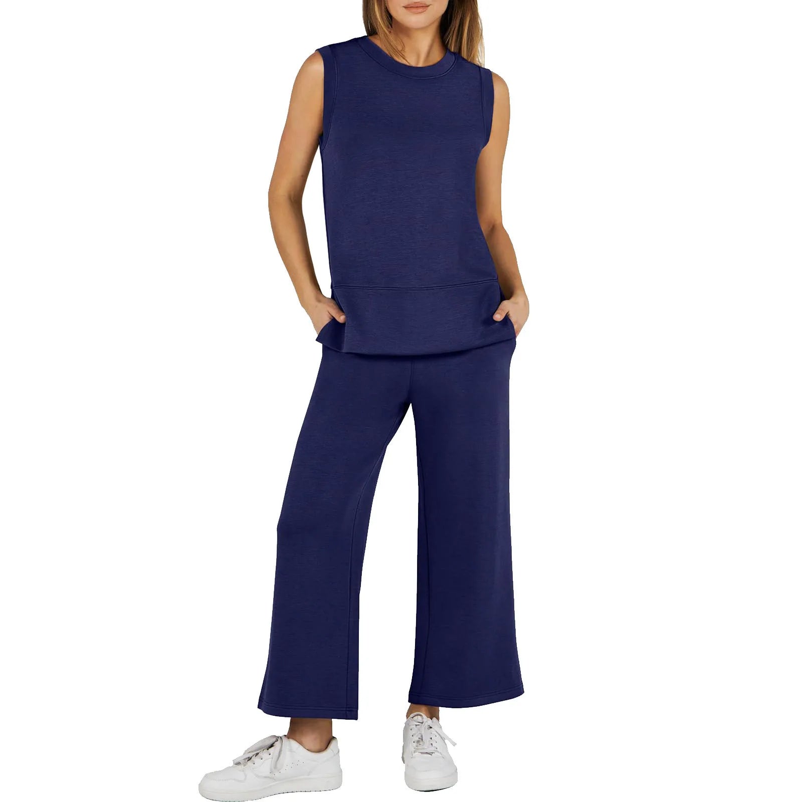 2025 Fall Custom Logo Women Casual Lounge Set Solid Color Crew Neck Sleeveless Top Wide Leg Pants Women Two Piece Set