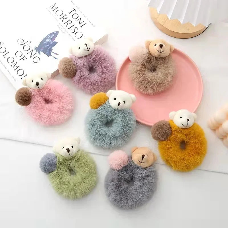 Newest Cute Ponytail Holder Scrunchies Girls Colorful Elastic Hair Tie Teddy Bear Plush Faux Fur Style Sweet Fabric