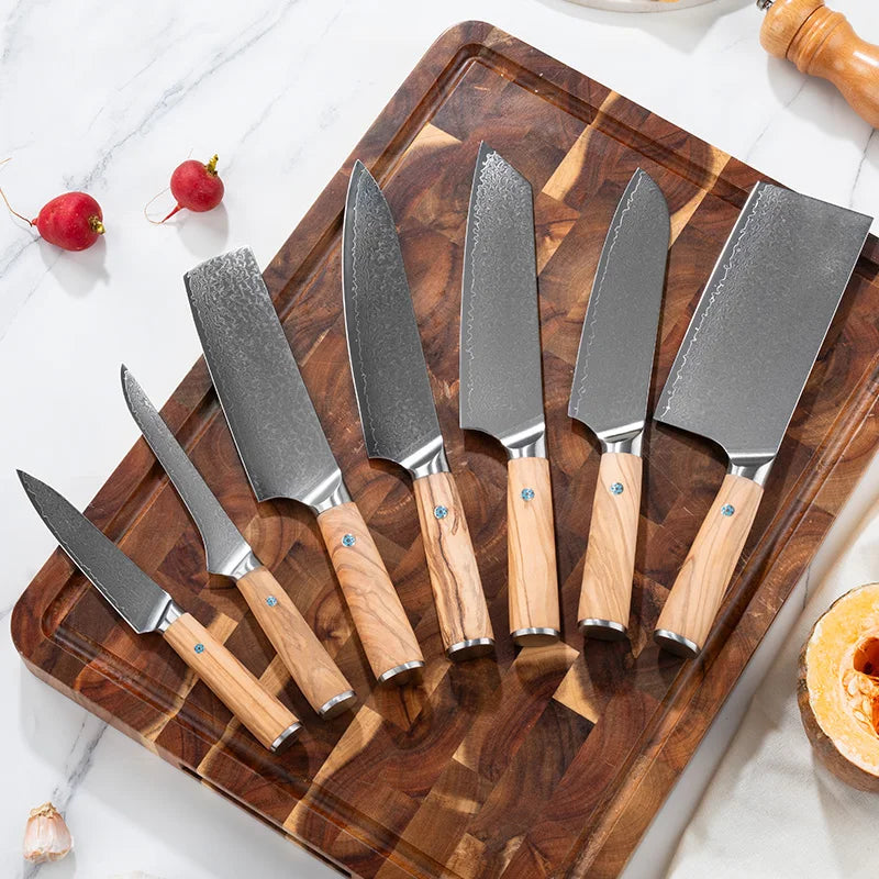 Hot Sell 7Pcs Olive Wood Handle 67 Layers Damascus Steel Santoku Utility Boning Chef Knife Kitchen Knife Set