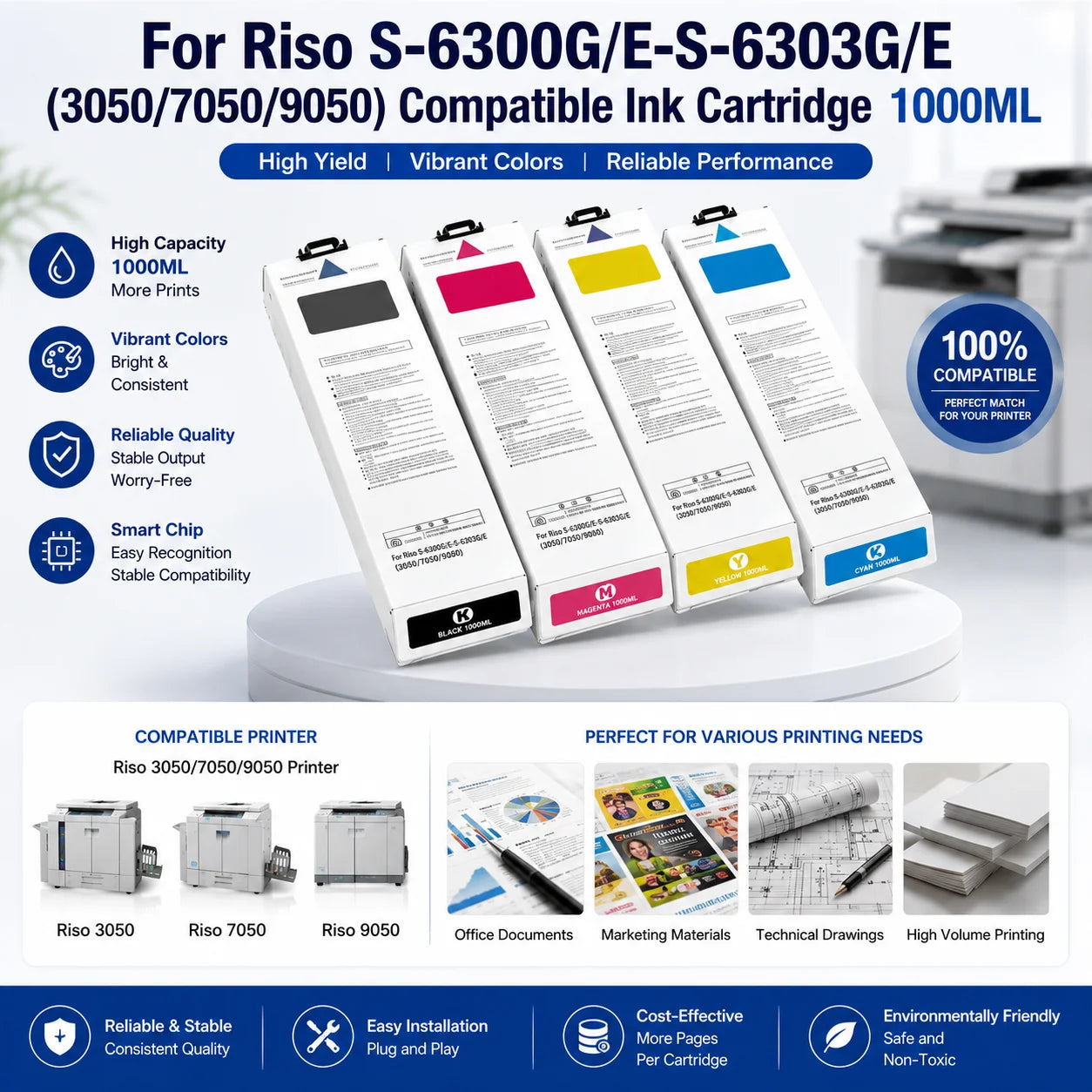 Ocbestjet 1000ML OEM Quality S-6300G/E-S-6303G/E Compatible Ink Cartridge with Stable Chip for Riso Comcolor 3050 7050 9050