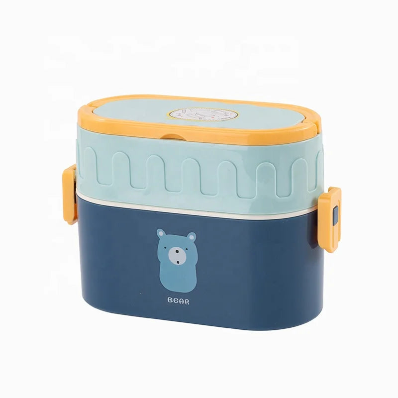 New Cute Plastic Double-layer Cartoon Oval Lunch Box Double-layer Portable High-capacity Children's Lunch Box Food Container