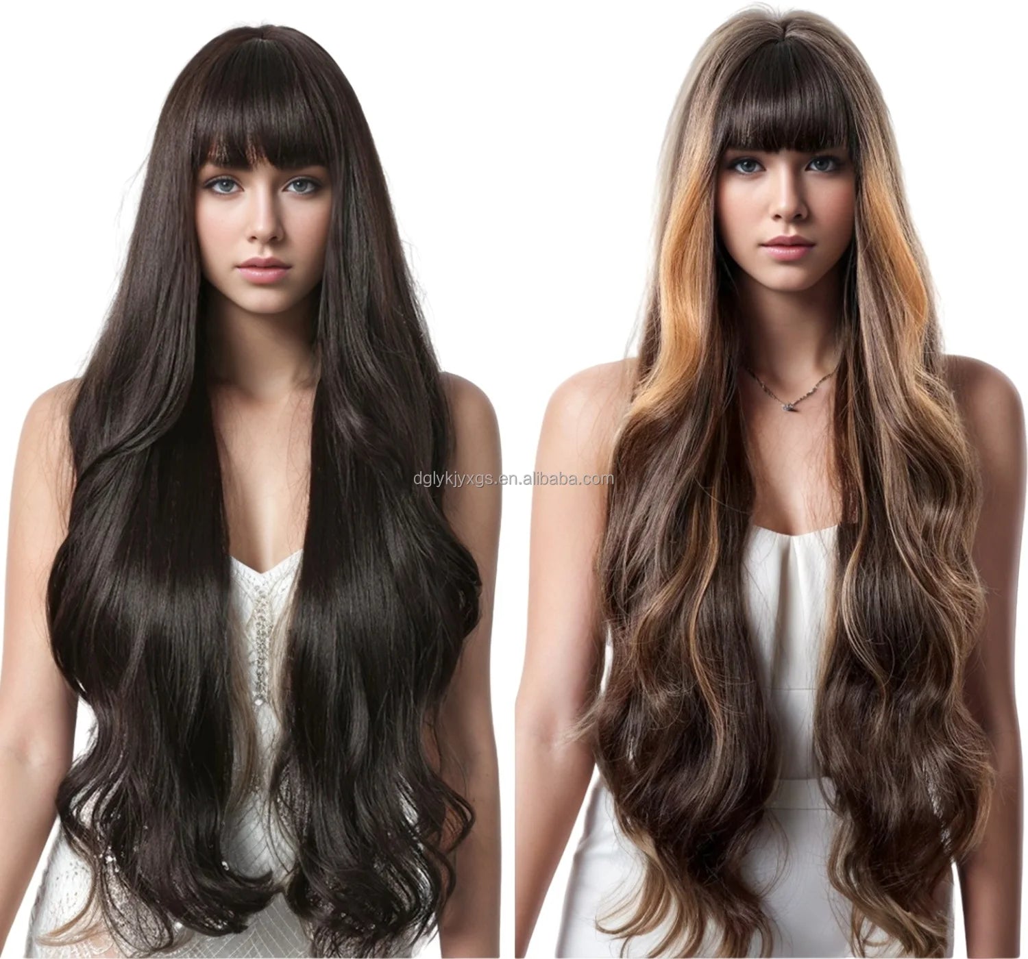 Wholesale Synthetic Hair Wigs 30 Inch Bangs Big Waves Fashion Long Curly Hair Mixed Brown Gold Brown Water Wave Wig Women Hair