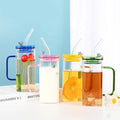 Fruit Juice Water Milk Tea Coffee Drinking Tumbler Square Colorful Handle High Borosilicate Glass Kids Mug With Lid and Straw