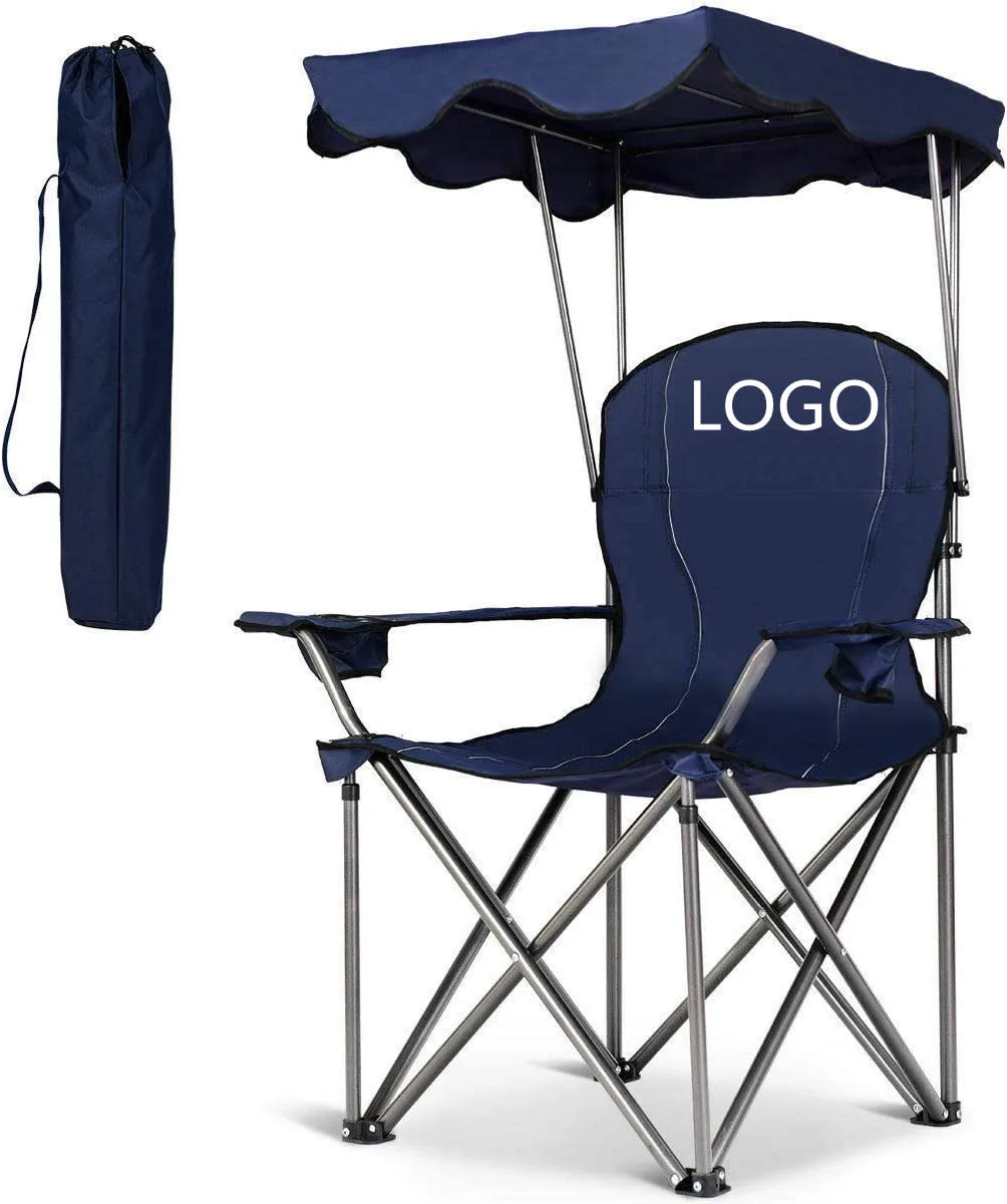 WOQI Lightweight Portable Folding Beach Chair Sunshade Canopy Cup Holders Bag for Garden Outdoor Camping Hiking Modern Wood Logo