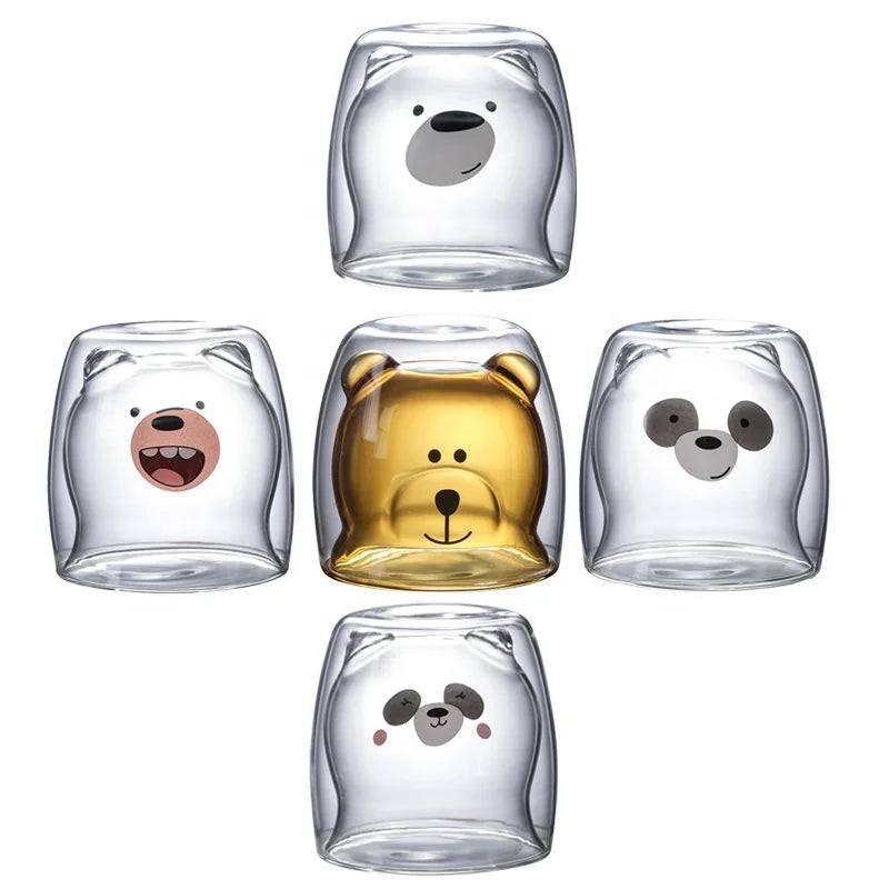 Wholesale Transparent Cute Animal Shape Custom Bear Milk Tea Double Wall Glass Cup Mug