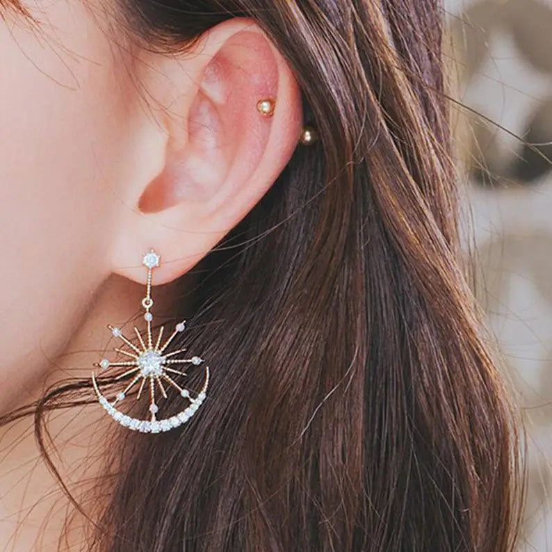 Korean Design S925 Silver Needle Earrings Temperament Sun Star Moon Stud Earrings Women