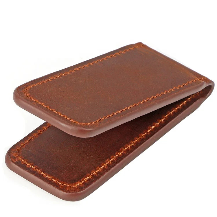 Custom Logo Vintage Crazy Horse Leather Men Money Clip Fashion Small Portable Cash Clip