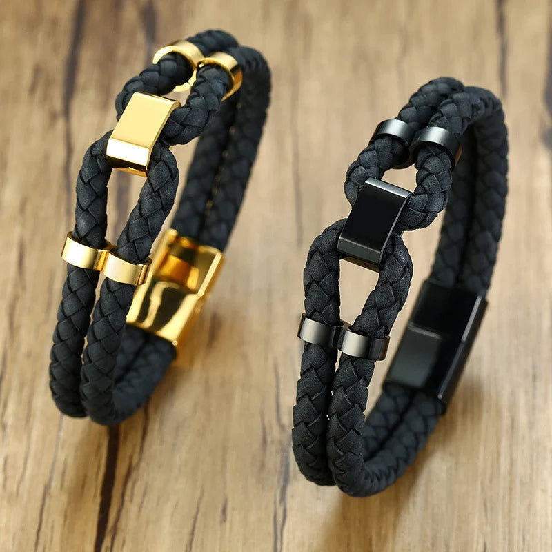 Stylish Mens Black Leather Bracelet Braided Cuff Bracelet With Stainless Steel Magnetic Clasp Gift