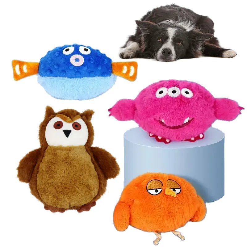 Cute Cartoon Puffer Owl Sound Electronic Dog Toy Automatic Rolling Pet Smart Plush Animal Toy Made of Durable Plastic