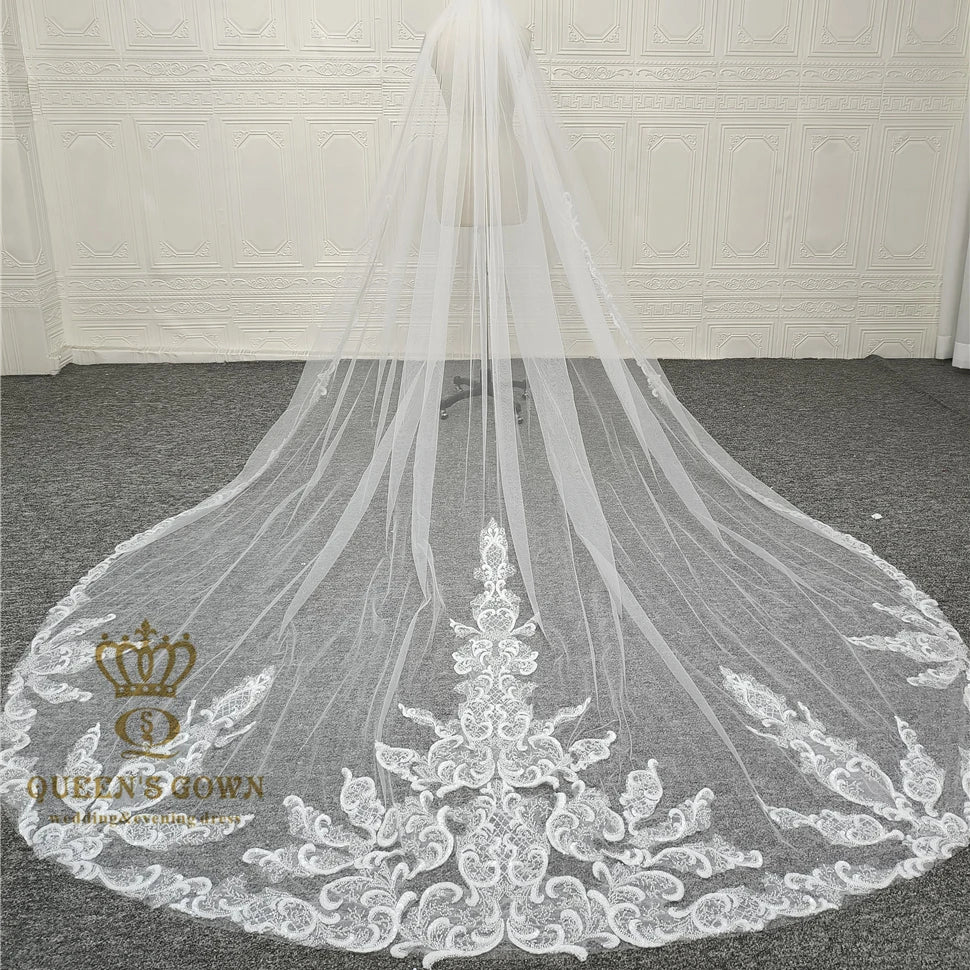 QUEENSGOWN Wedding Dress 3.5 Meters Beaded Veil Long Embroidery Bridal Veil With Comb Lace Wedding Veil for Bride