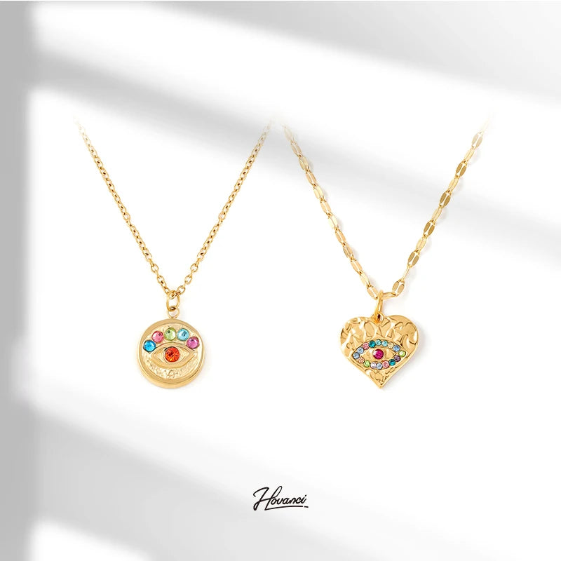 HOVANCI 14k Gold Filled Stainless Steel Necklace in Bulk Double Eye Rainbow Color Zircon Waterproof Necklace