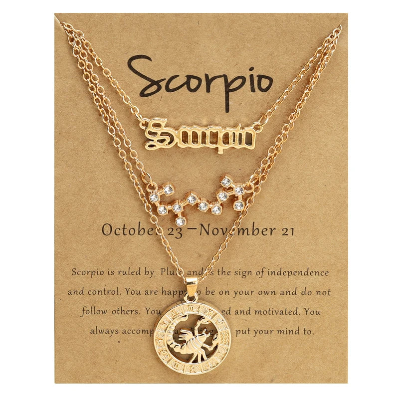 Wholesale 3pcs/set Gold Silver Plated Astrology Constellations Horoscope 12 Zodiac Signs Necklace Jewelry for Women