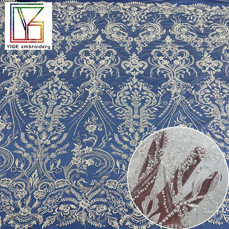 Luxury Heavy Embroidery With 3D Pearl Sequins Tulle Lace Fabric French White Bridal Wedding Dress Beaded Pearls Lace Fabric