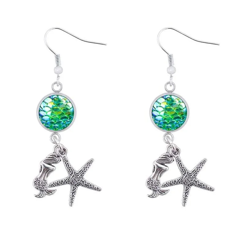Summer Mermaid Starfish Charm Earrings Fashion Ladies Jewelry Handmade Antique Silver Plated Statement Girl's Dangling Earrings
