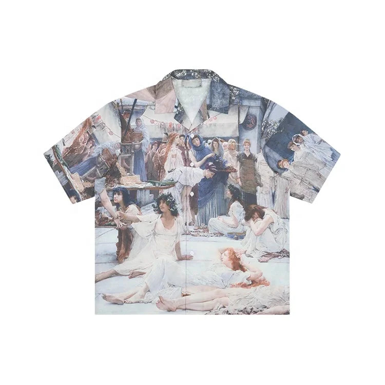 Oversized Button Down Shirts Men Aesthetic Rayon Graphic Print Mock-up Short Sleeve Casual Plus Size