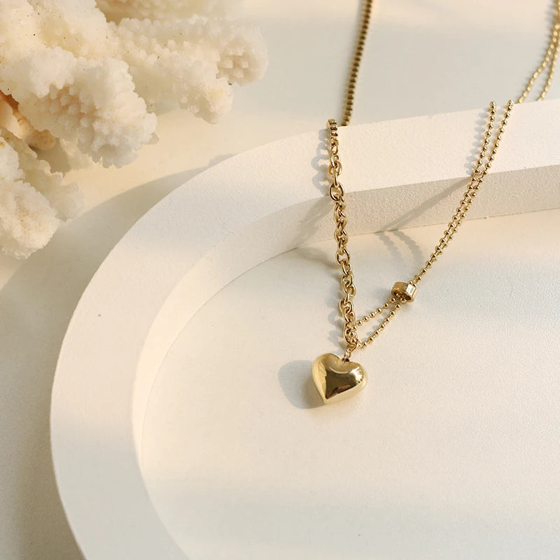 Dainty 18k Gold Plated Simple Love Pendant Link Chain Necklace for Women Minimalist Stainless Steel Cubic Heart Necklace