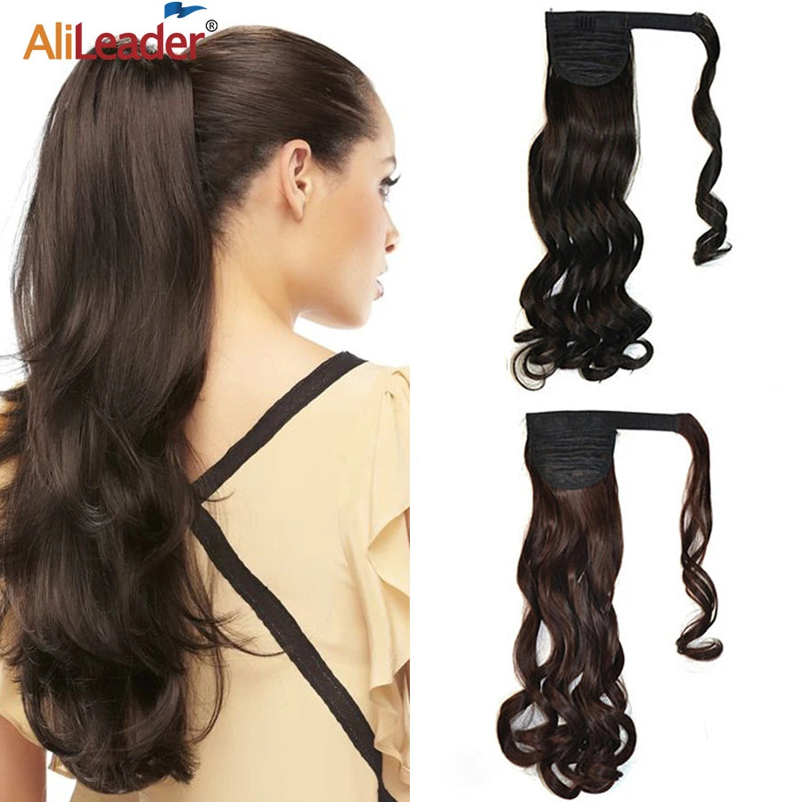 22\" Long Straight Synthetic Body Wave Ponytail Wrap around Clip in Extensions Heat Resistant Hair Tail Hairpieces