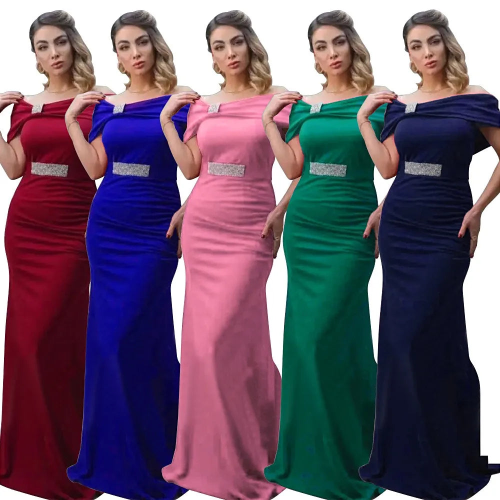 African Women Bridesmaid Wedding Dress Solid Long Maxi Elegant Short Sleeve Dinner Vestidos Slim Robe Femme K0173