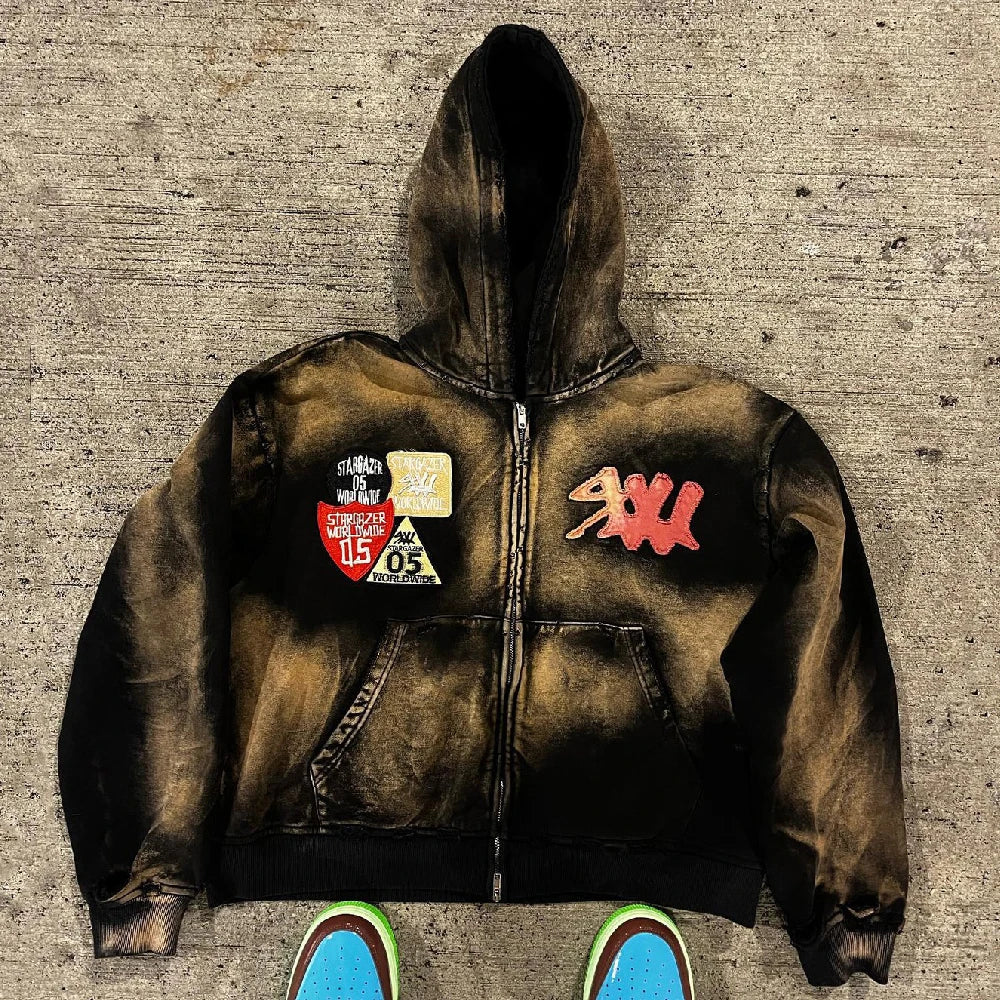 Custom Pullover Heavy Sun Faded Zipper up Boxy Cropped Vintage Acid Wash Embroidery Distress Patch Logo Oversized Men Hoodie