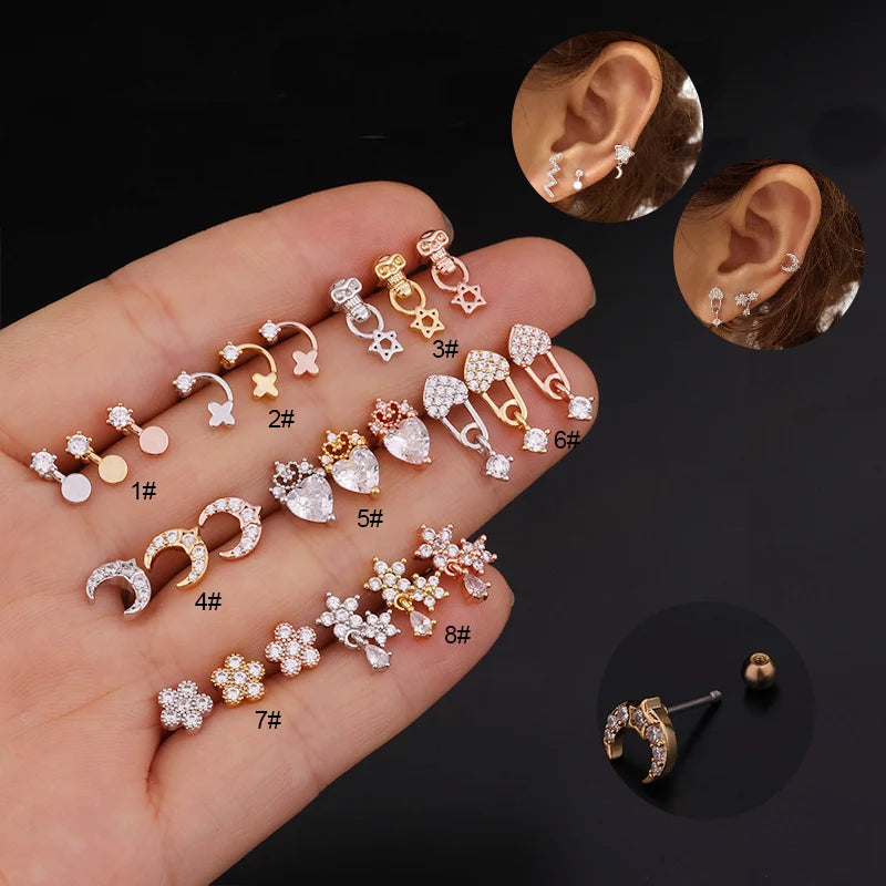 New Moon Brooch Skull  Skeleton Shape Crystal Gem CZ  Tragus Daith Helix Rook Snug Piercing Stud Lobe Piercing Earring
