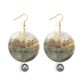 Hawaiian Jewelry Popular Carven Plam Tree Seascape Mother of Pearl Big Round Earings Jewelry Women
