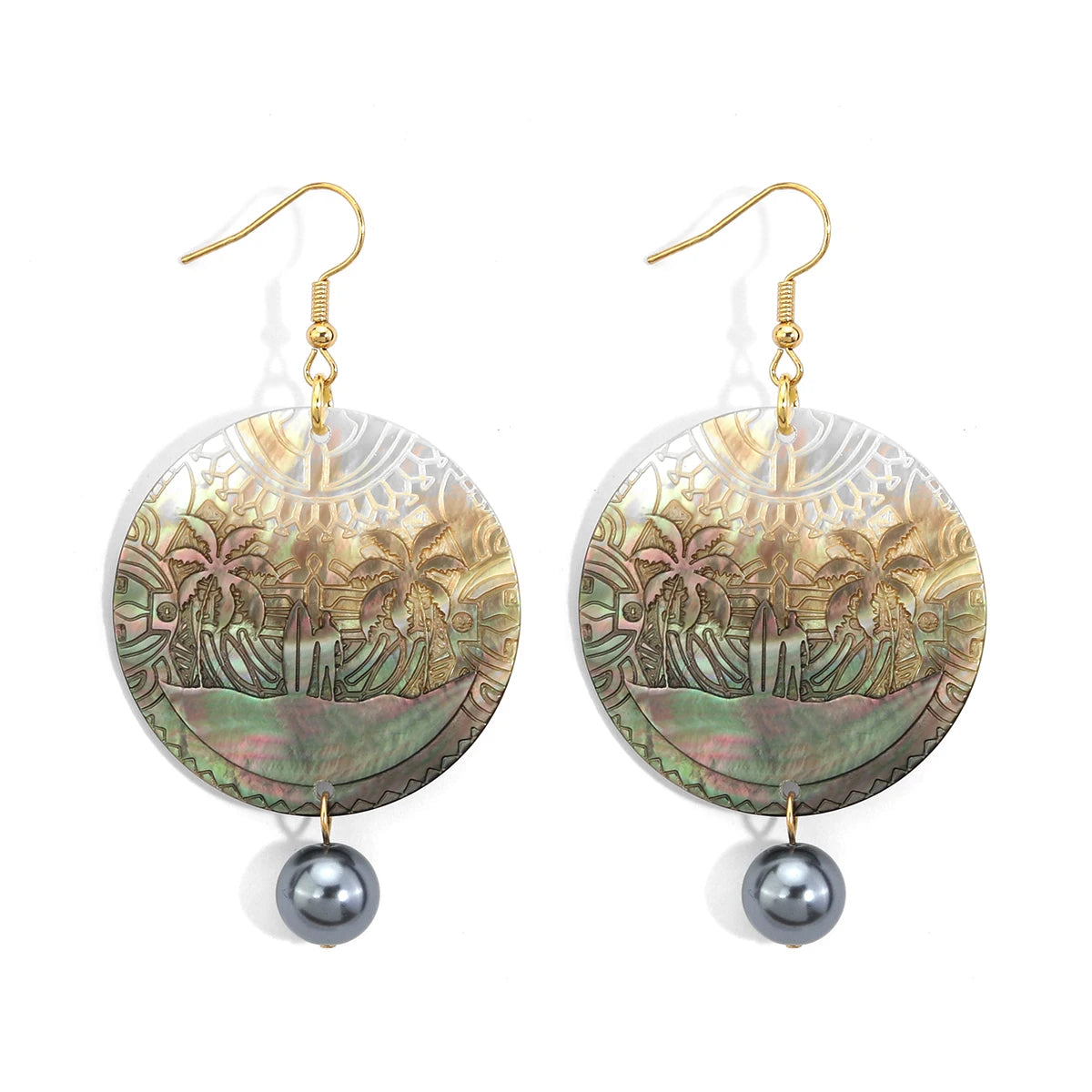 Hawaiian Jewelry Popular Carven Plam Tree Seascape Mother of Pearl Big Round Earings Jewelry Women
