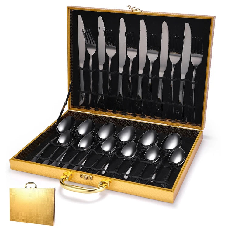 Eco Friendly Wooden Case 24/48Piece Reusable Golden Silver Stainless Steel Cutlery Set