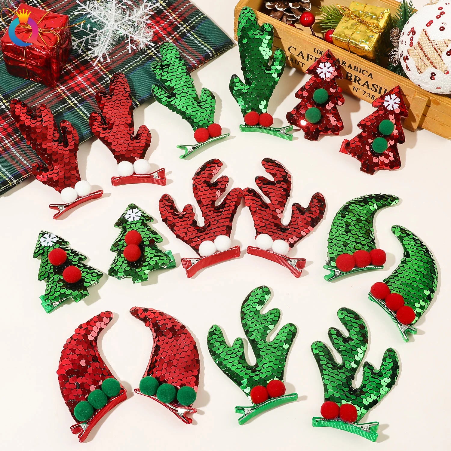 Women's Christmas Hair Accessory Two Duck Bill Clips with Green Red Horn Sequin Pom Pom Made of Durable Plastic