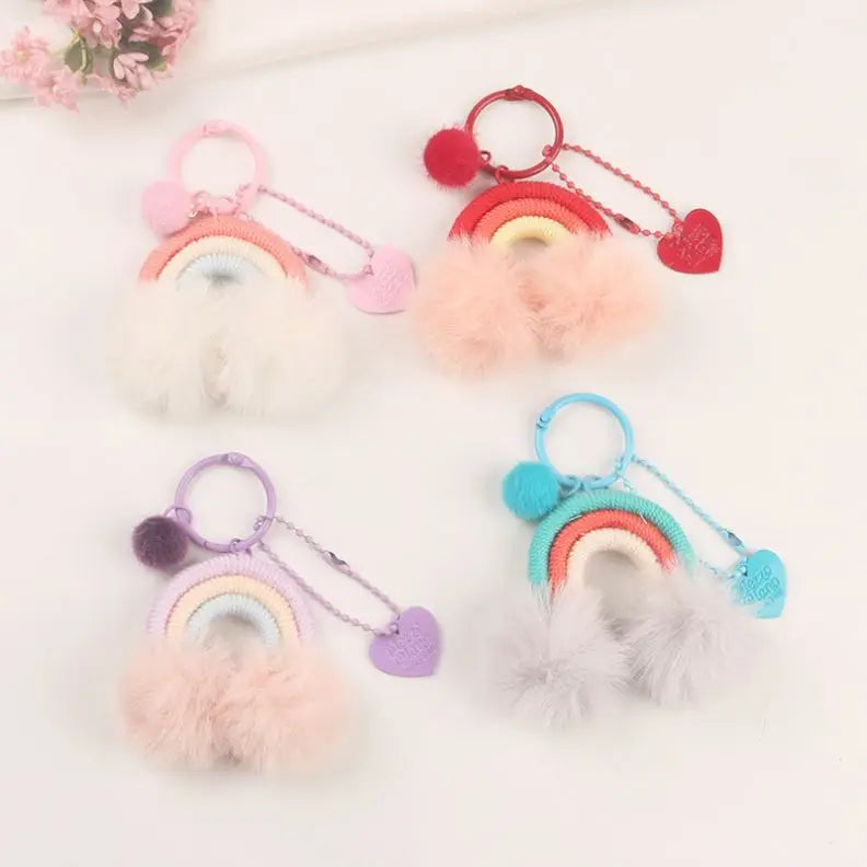 Promotion Handmade Boho Rainbow Macrame Woven Keychain Bag Accessories Handbags Charm Bohemian Pom Pom Fluffy Plush Key Chains