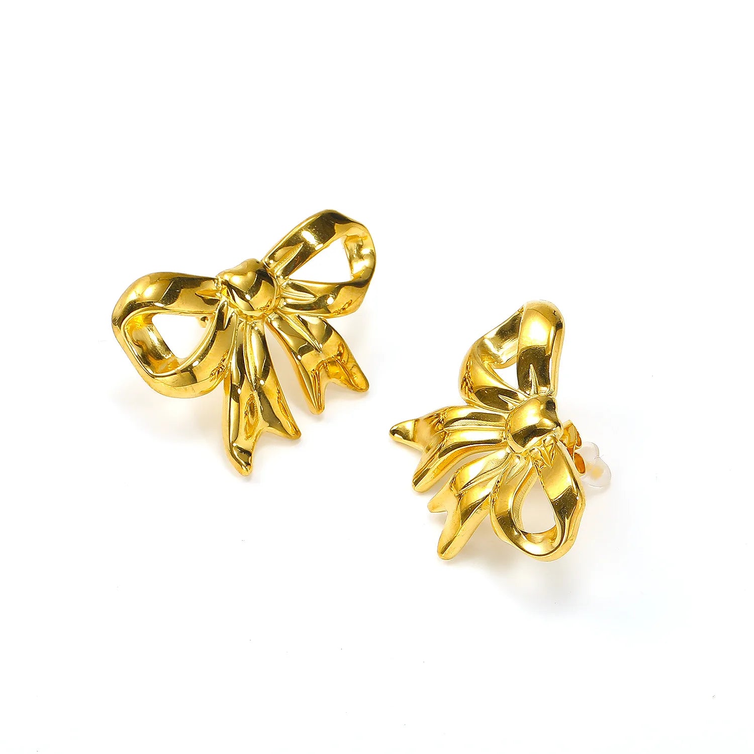 Wholesale Fashionable Stainless Steel Bow Shaped Stud Earrings Gold Plated with Bezel Setting Jewelry Gift for Women