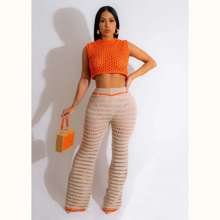 Sleeveless round neck top wholesale Hollow trousers custom logo Waist baring women' suit factory directly