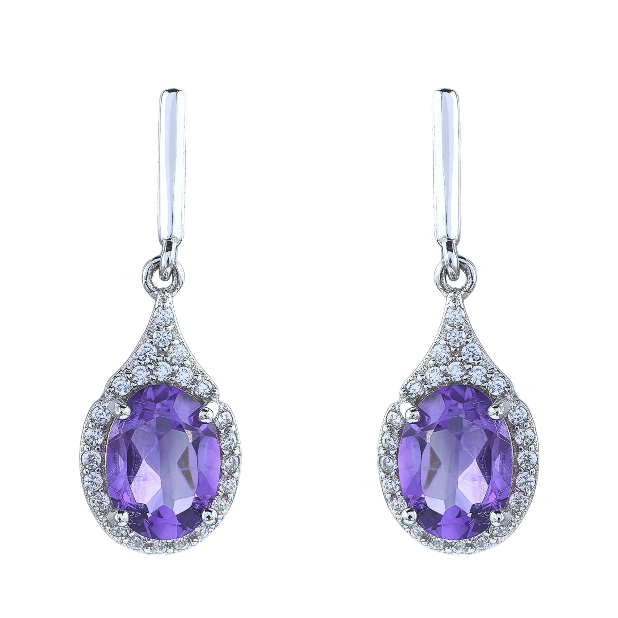 Vintage Silver 925 Drop Earrings Rhodium Plated Natural Amethyst Geometric Pattern for Women's Daily Wear Anniversary Party Gift