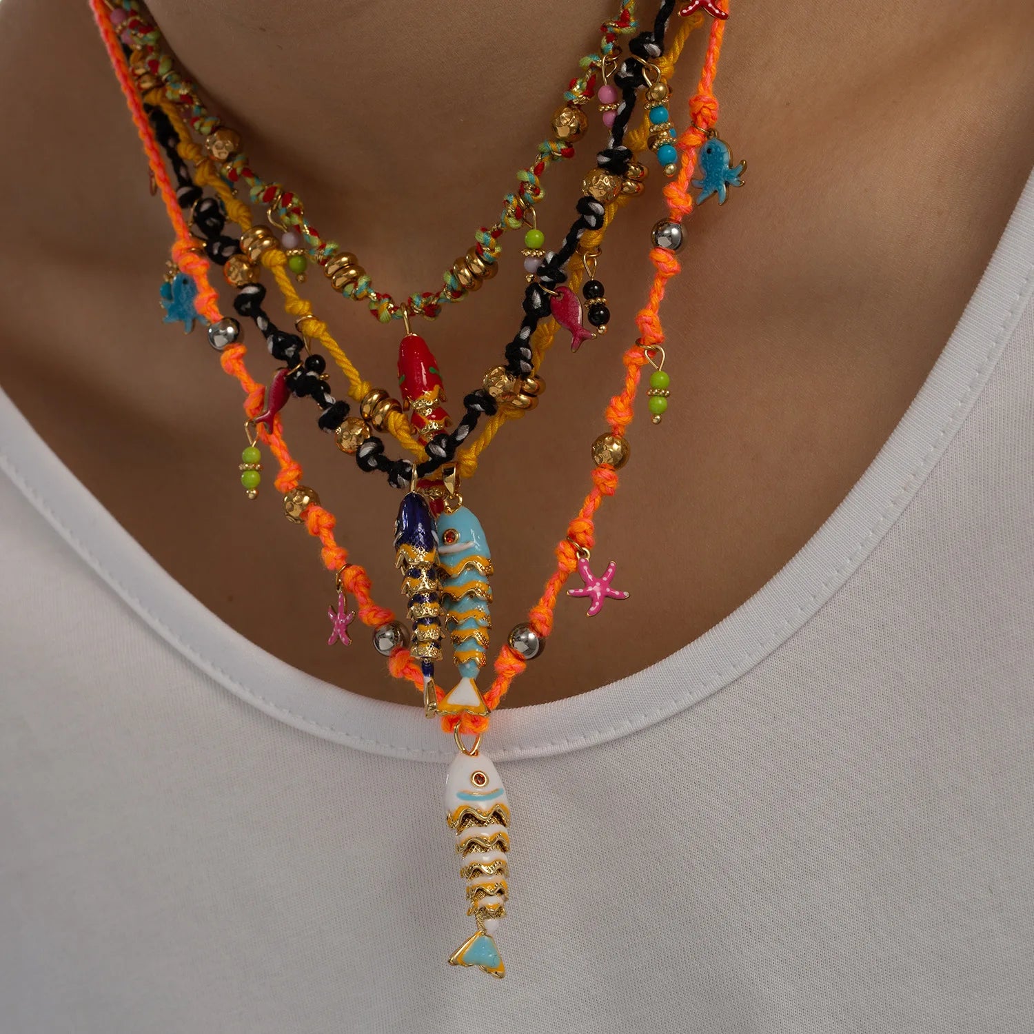 2025 Summer Colorful Rope Chain Enamel Fish Pendant Necklace Starfish Jellyfish 18K Gold Plated Charm Necklace Jewelry
