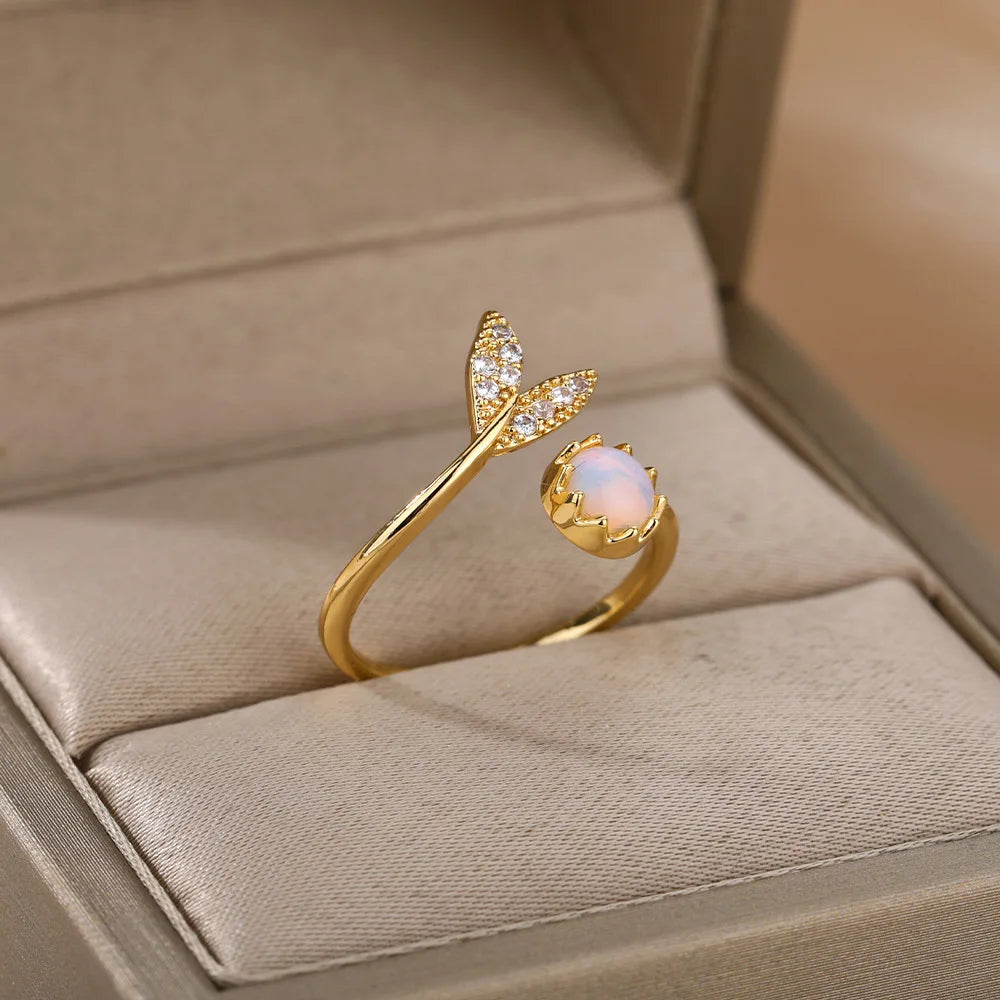 New Trend Women Leaf Diamond Opal Ring Personalized Simple Opening Adjustable Couple Wedding Rings Jewelry