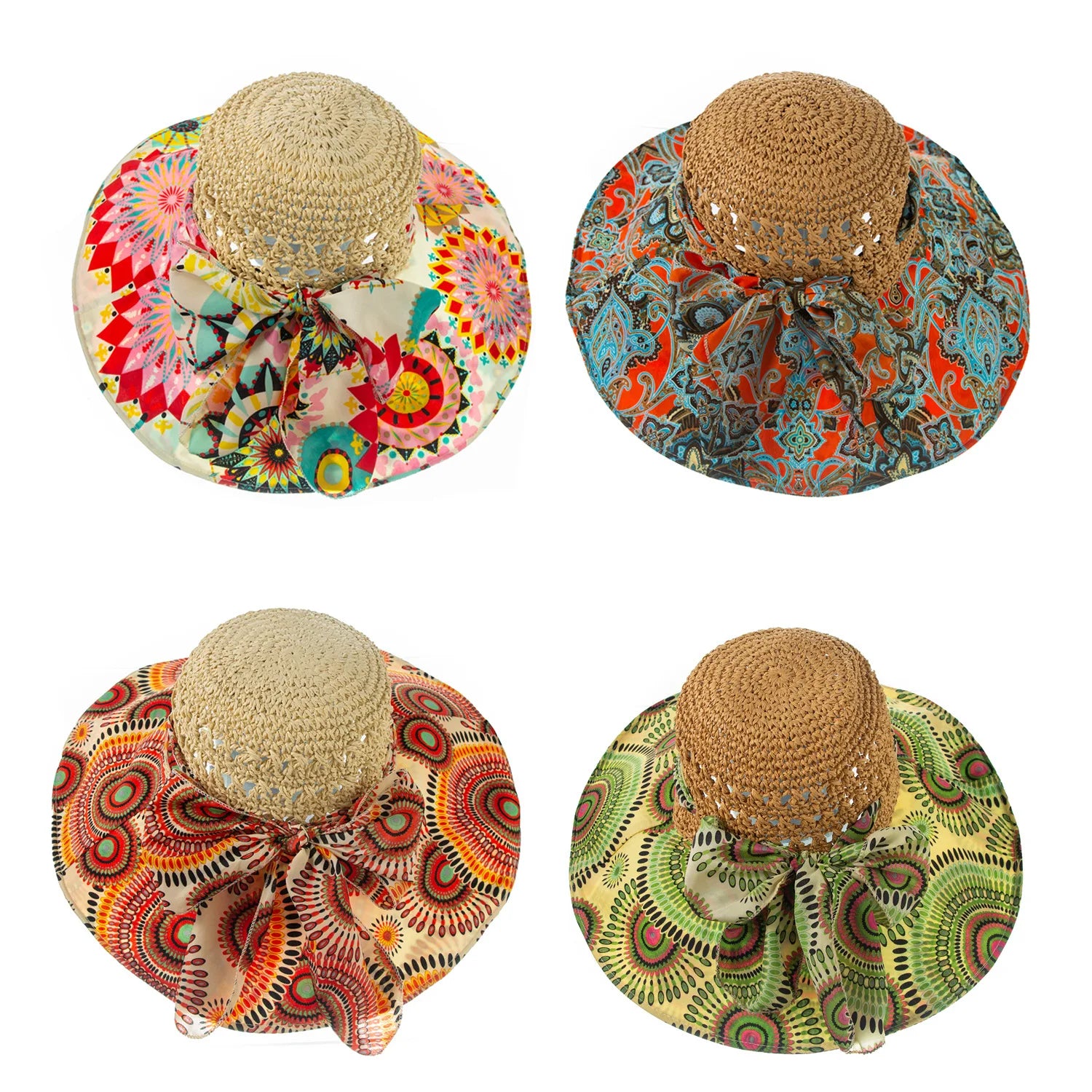 Fashion Hook Printing Floral Travel Hats Women Sun Sunshade Bowknot Straw Summer Wide Brim Beach Hats