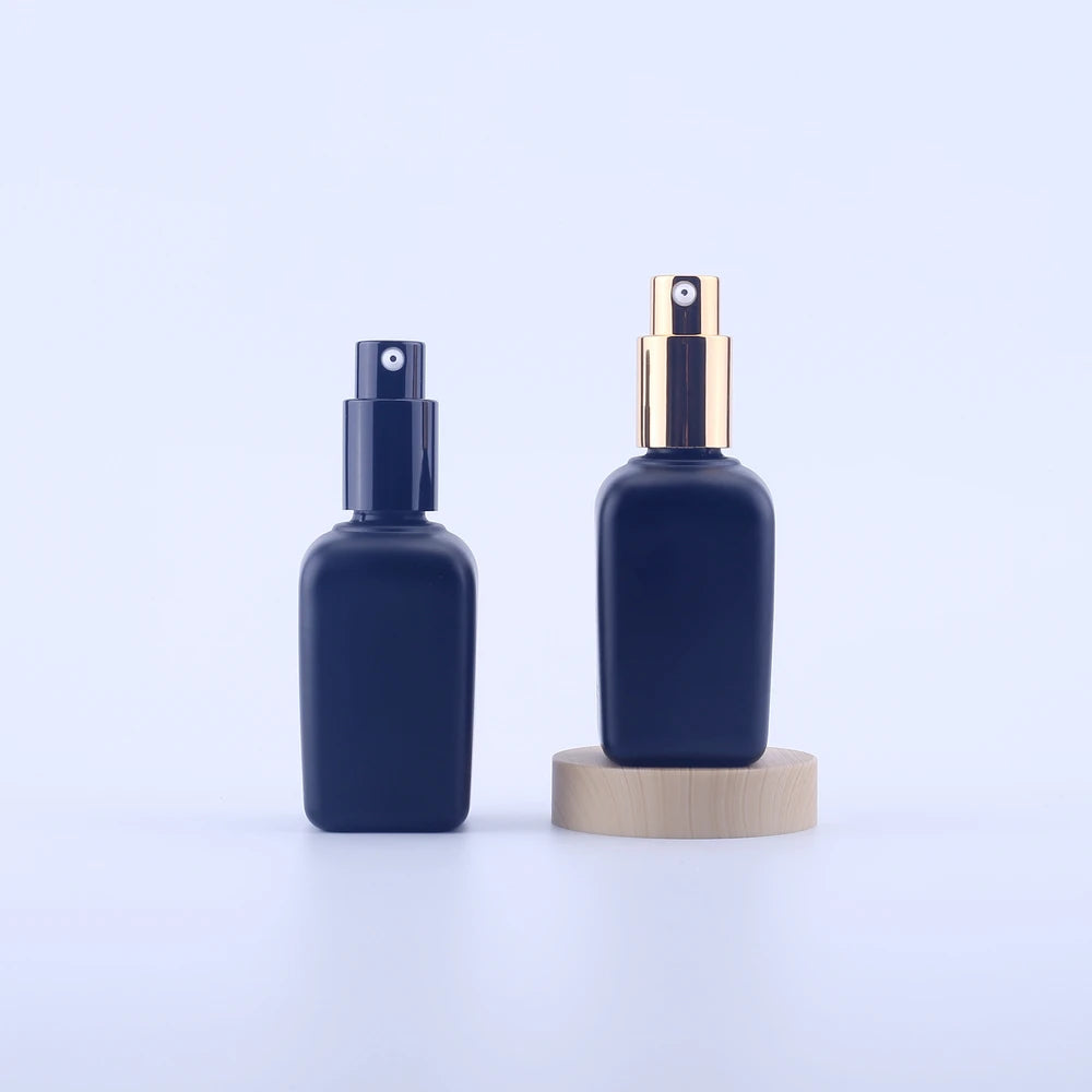 Luxury 50ml Matte Black Square Frosted Clear Glass Lotion Bottle Empty Refillable Cosmetic Press Pump Bottle