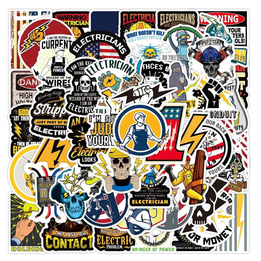50Pcs Hot Sale Electrician Warning Logo Graffiti Stickers for Bicycle Car Waterproof Welding Helmet Sticker