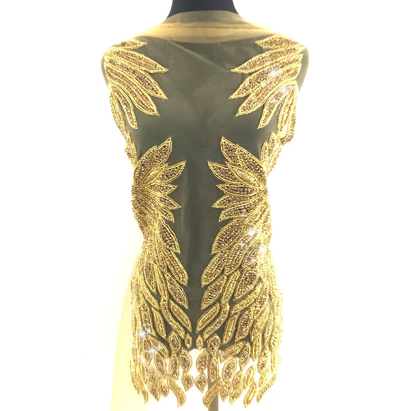 W024 Hot Sale Gold Patches Custom Embroidery Beads Crystals Rhinestones for Gown Dress