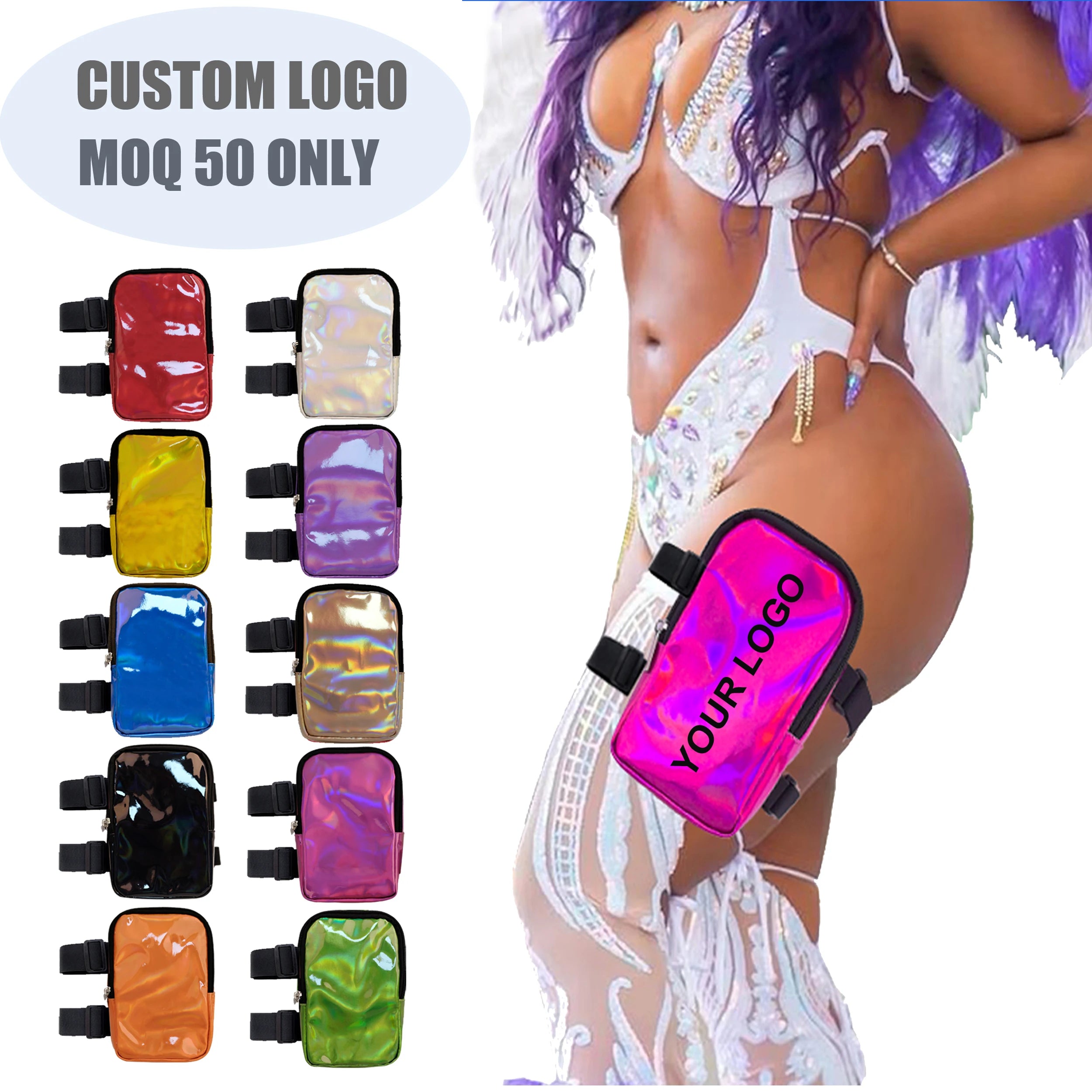 Adjustable Straps Holographic PU Thigh Bag for Carnival Drop Leg Bag Fitness Phone Leg Gym Bag Outdoor Pouch Custom Logo