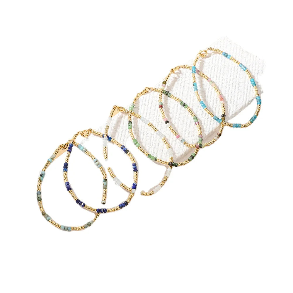 Custom Bohemia Style Sandy Beach Natural Crystal Rhinestone Gemstone Small Bead 18K Gold Plated Bracelet Stack Set for