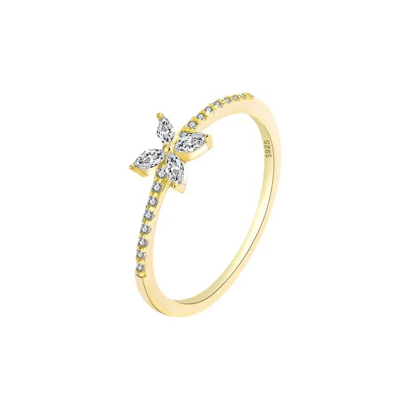 Temperament Fine 925 Sterling Silver 14K Gold Plated Small Butterfly Ring with Zircon Trendy Wedding & Party Jewelry for Women