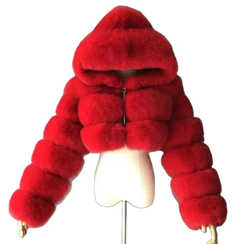 2022Long Sleeves Fashion Outerwear Winter Natural Furry Hooded Jacket Women Realfox Raccoon Fur Short Coat