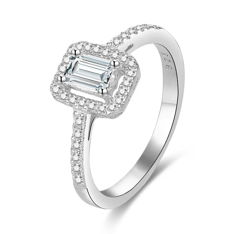 POLIVA Women's Baguette Cut Engagement Ring White CZ 925 Sterling Silver Wedding Ring Rhodium Plated for Parties